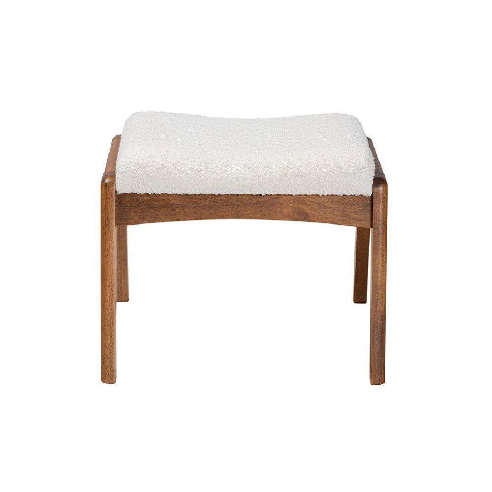 Baxton Studio Roxy Mid-Century Modern Off-White Boucle Upholstered and Walnut Brown Finished Wood Ottoman Footstool