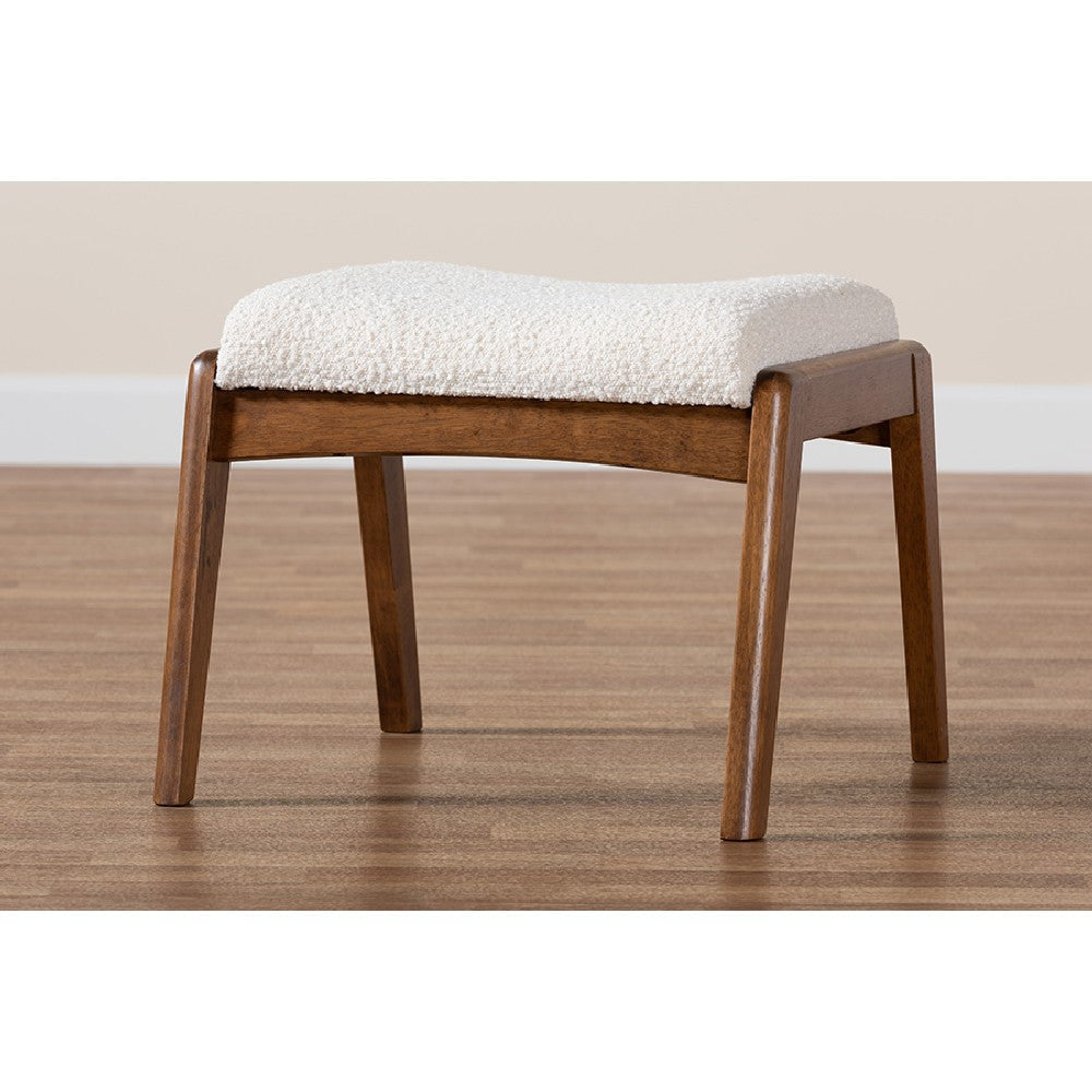 Baxton Studio Roxy Mid-Century Modern Off-White Boucle Upholstered and Walnut Brown Finished Wood Ottoman Footstool