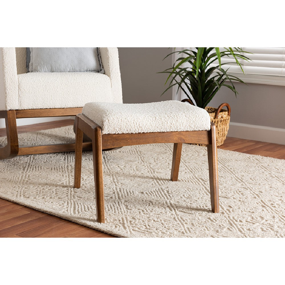 Baxton Studio Roxy Mid-Century Modern Off-White Boucle Upholstered and Walnut Brown Finished Wood Ottoman Footstool