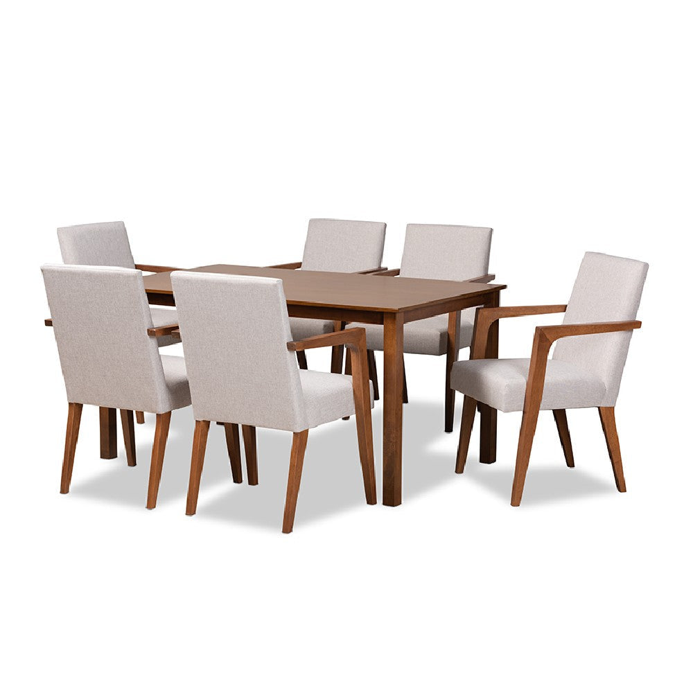Baxton Studio Glenda Mid-Century Modern Greyish Beige Fabric Upholstered and Walnut Brown Finished Wood 7-Piece Dining Set