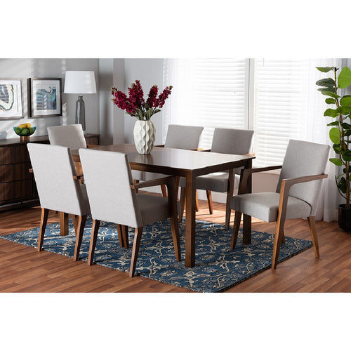 Baxton Studio Glenda Mid-Century Modern Greyish Beige Fabric Upholstered and Walnut Brown Finished Wood 7-Piece Dining Set
