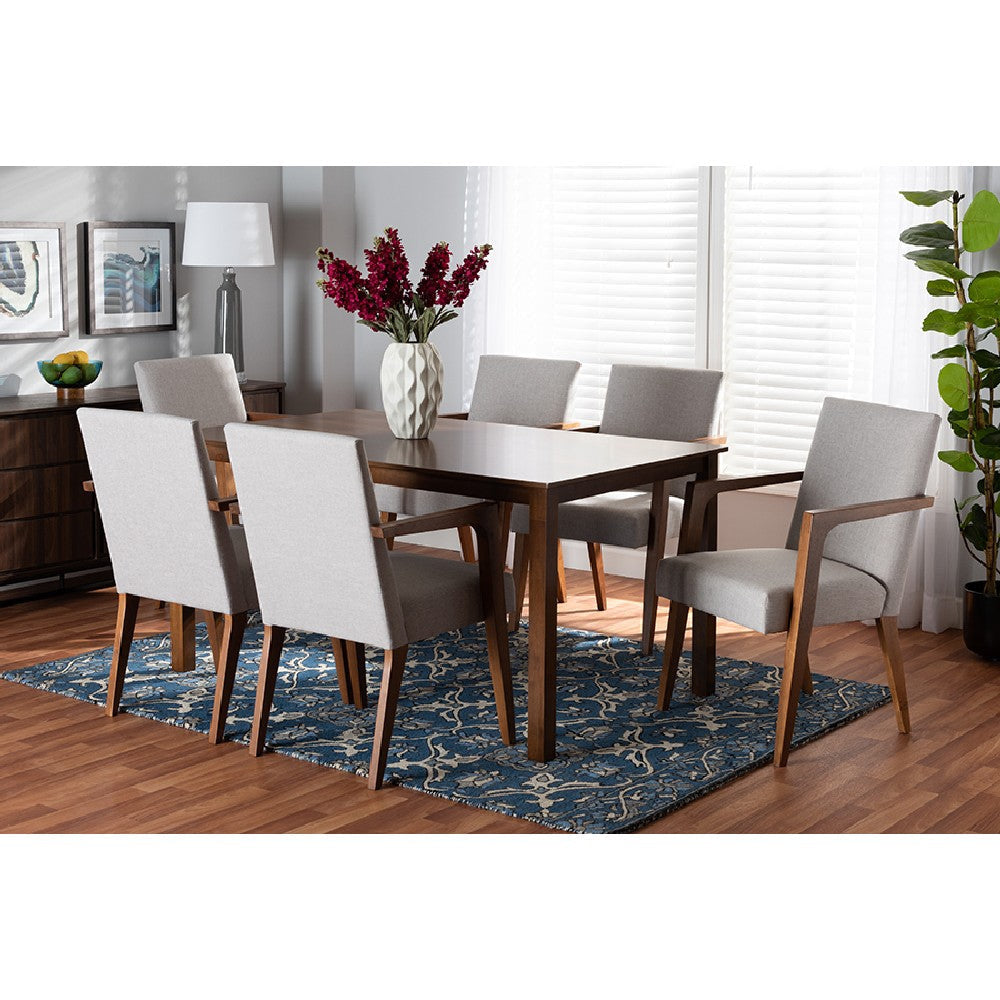 Baxton Studio Glenda Mid-Century Modern Greyish Beige Fabric Upholstered and Walnut Brown Finished Wood 7-Piece Dining Set