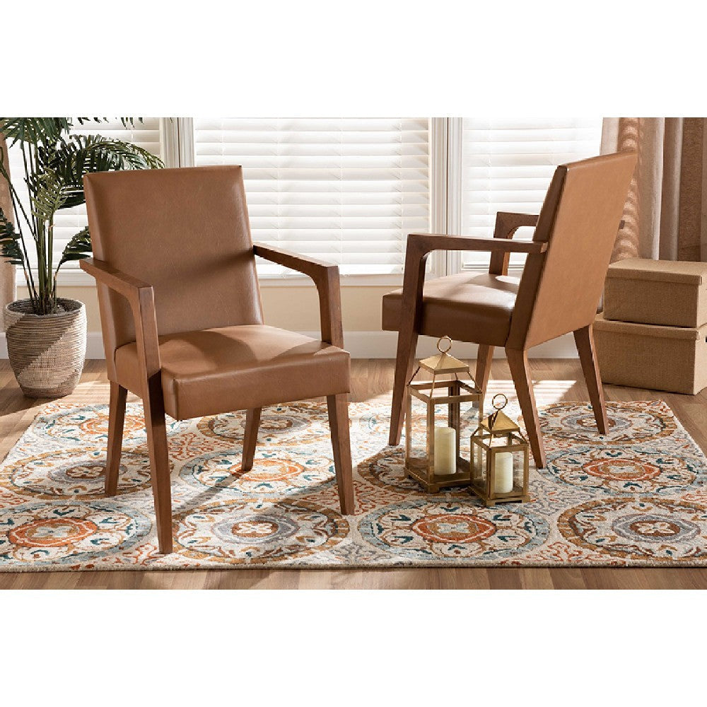 Baxton Studio Andrea Mid-Century Modern Tan Faux Leather Upholstered and Walnut Brown Finished Wood 2-Piece Armchair Set
