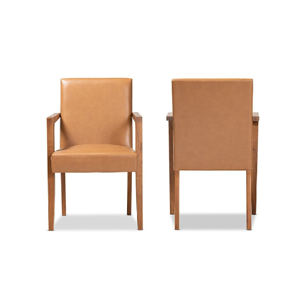 Baxton Studio Andrea Mid-Century Modern Tan Faux Leather Upholstered and Walnut Brown Finished Wood 2-Piece Armchair Set