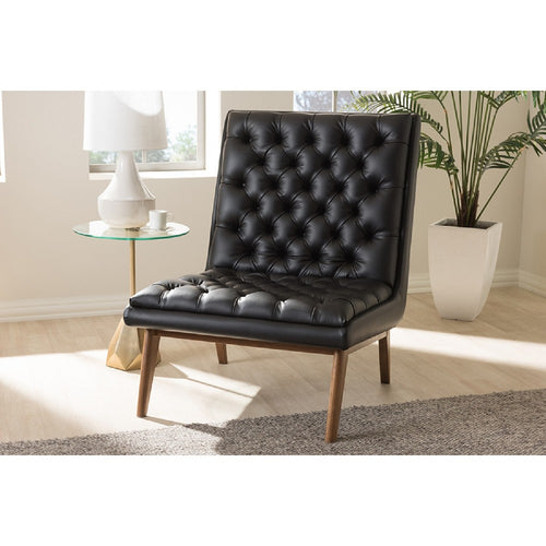 Baxton Studio Annetha Mid-Century Modern Black Faux Leather Upholstered Walnut Finished Wood Lounge Chair