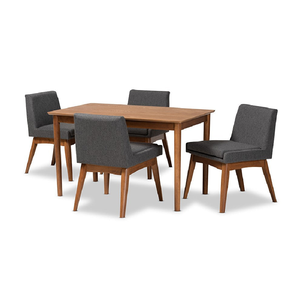 Baxton Studio Nexus Mid-Century Modern Dark Grey Fabric Upholstered and Walnut Brown Finished Wood 5-Piece Dining Set