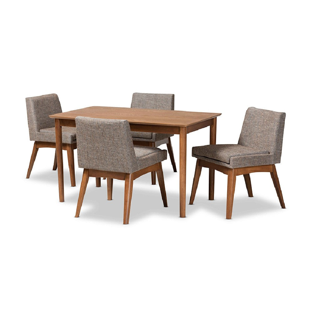 Baxton Studio Nexus Mid-Century Modern Gravel Fabric Upholstered and Walnut Brown Finished Wood 5-Piece Dining Set