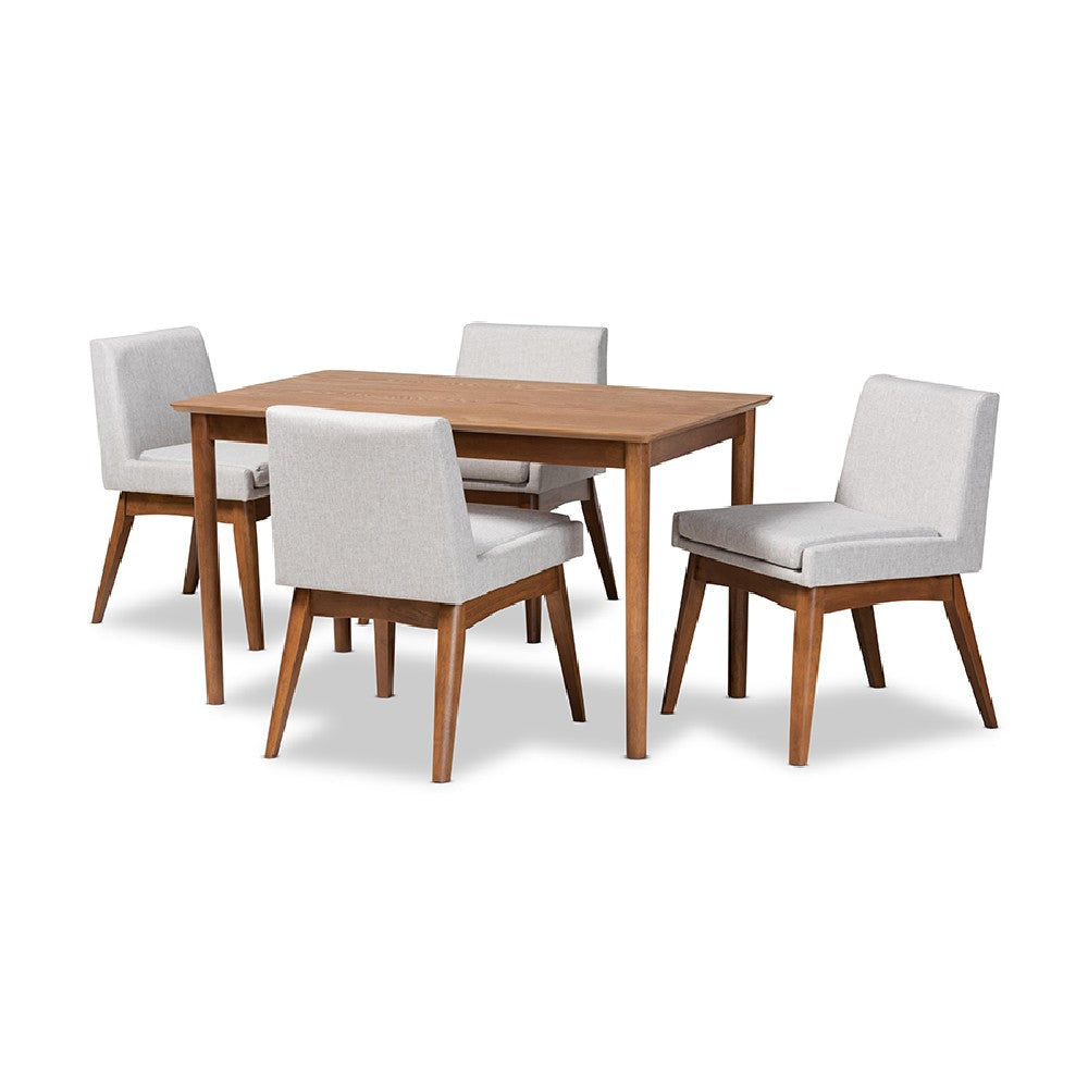 Baxton Studio Nexus Mid-Century Modern Greyish Beige Fabric Upholstered and Walnut Brown Finished Wood 5-Piece Dining Set