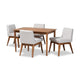 Baxton Studio Nexus Mid-Century Modern Greyish Beige Fabric Upholstered and Walnut Brown Finished Wood 5-Piece Dining Set