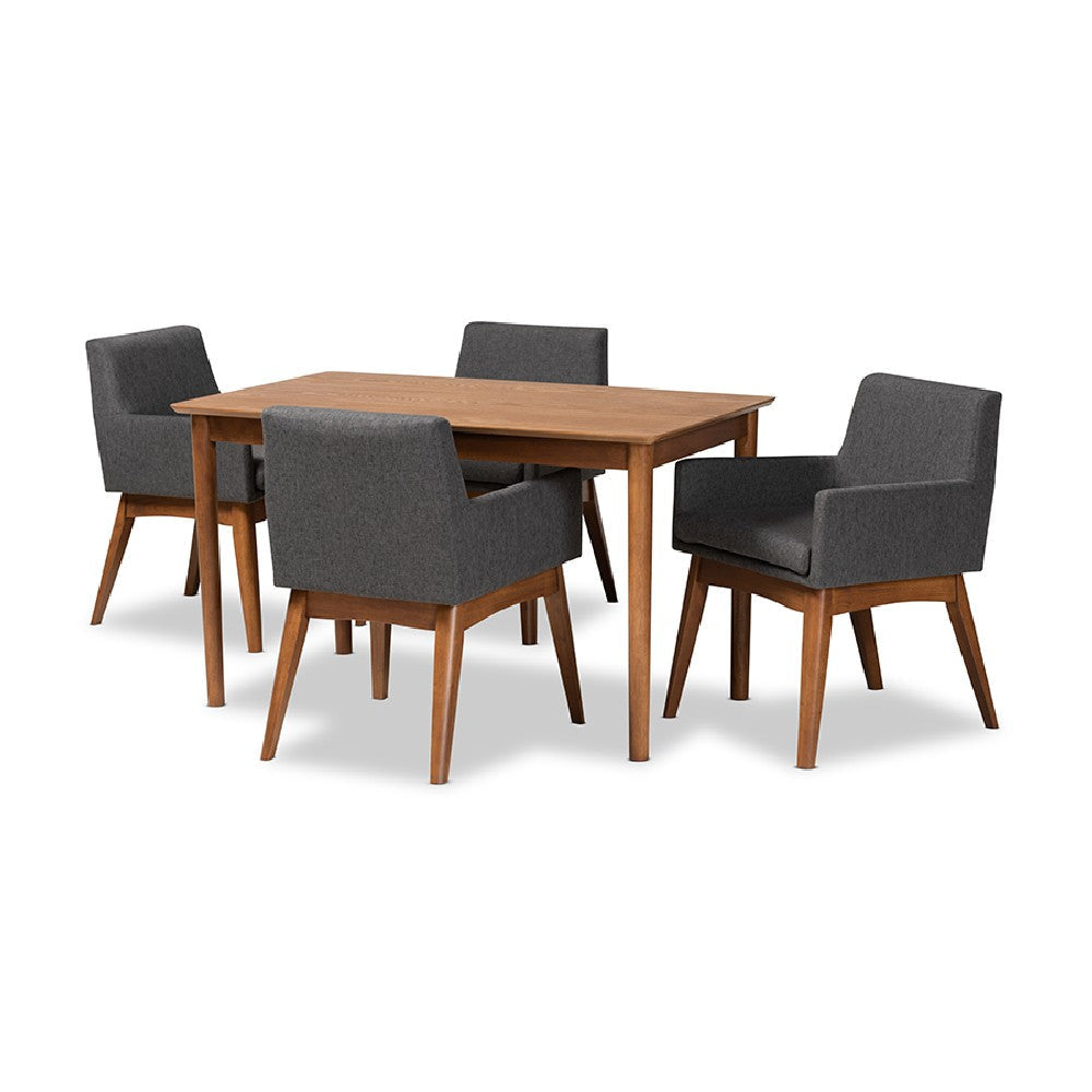 Baxton Studio Dorina Mid-Century Modern Dark Grey Fabric Upholstered and Walnut Brown Finished Wood 5-Piece Dining Set