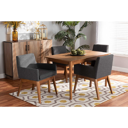Baxton Studio Dorina Mid-Century Modern Dark Grey Fabric Upholstered and Walnut Brown Finished Wood 5-Piece Dining Set
