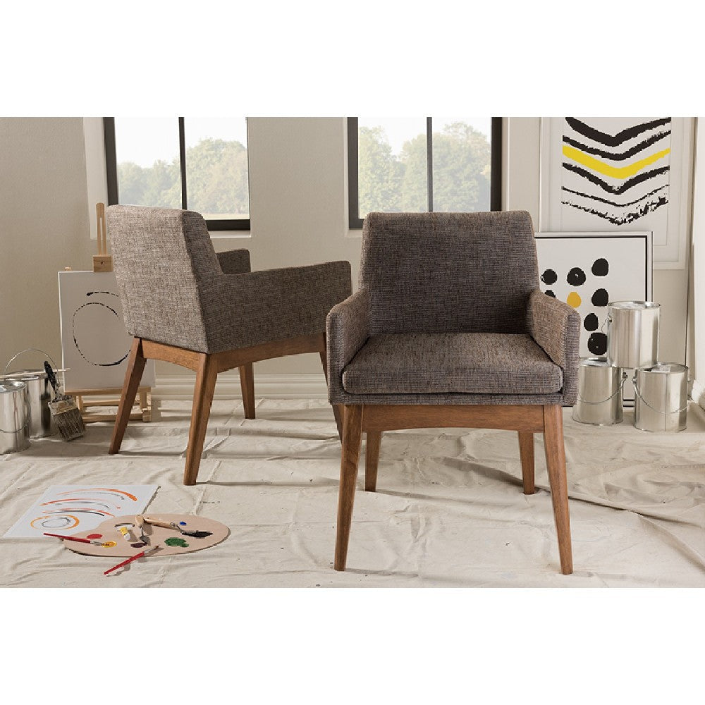 Baxton Studio Nexus Mid-Century Modern Walnut Wood Finishing and Gravel Fabric Upholstered Arm Chair (Set of 2) WHI-BBT5281-Gravel-CC-TH1308