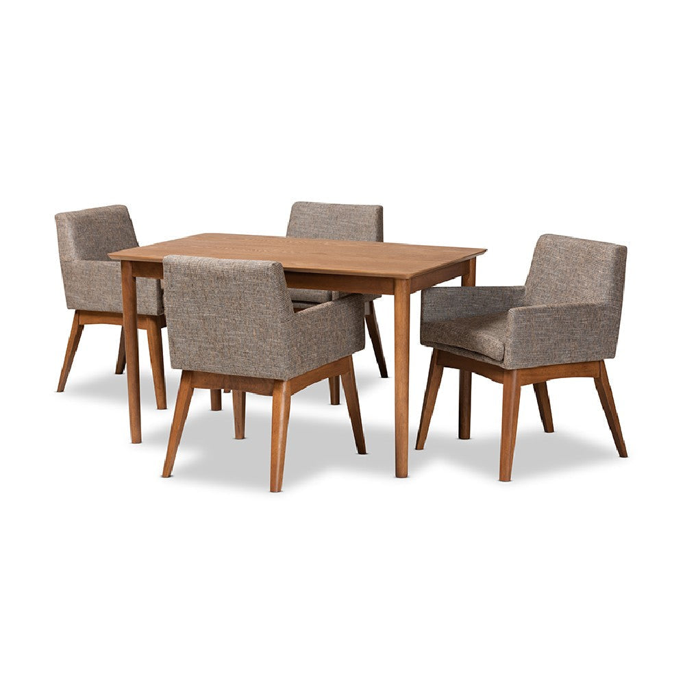 Baxton Studio Dorina Mid-Century Modern Gravel Fabric Upholstered and Walnut Brown Finished Wood 5-Piece Dining Set