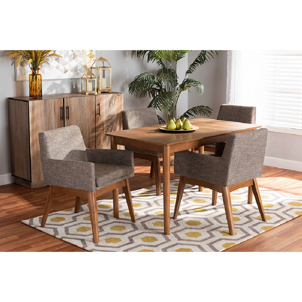 Baxton Studio Dorina Mid-Century Modern Gravel Fabric Upholstered and Walnut Brown Finished Wood 5-Piece Dining Set