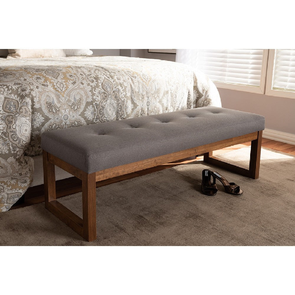 Baxton Studio Caramay Modern and Contemporary Grey Fabric Upholstered Walnut Brown Finished Wood Bench