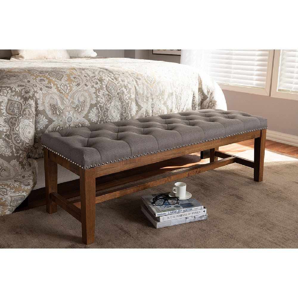 Baxton Studio Ainsley Modern and Contemporary Grey Fabric Upholstered Walnut Finished Solid Rubberwood Bench