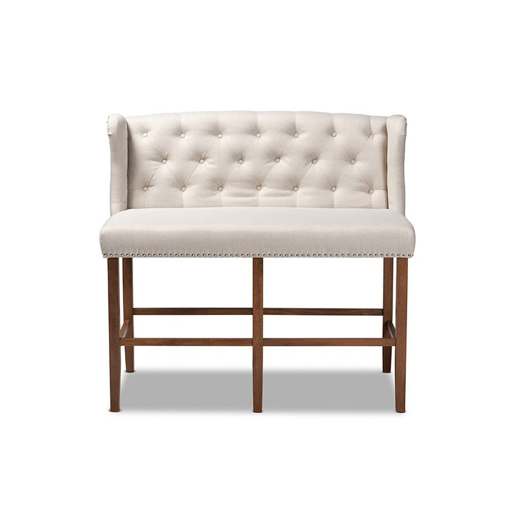 Baxton Studio Alira Modern and Contemporary Beige Fabric Upholstered Walnut Finished Wood Button Tufted Bar Stool Bench