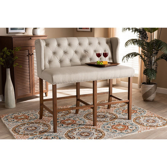 Baxton Studio Alira Modern and Contemporary Beige Fabric Upholstered Walnut Finished Wood Button Tufted Bar Stool Bench