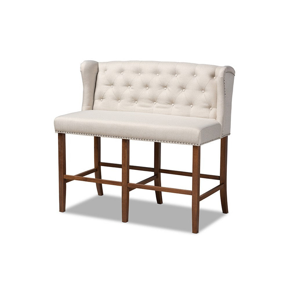 Baxton Studio Alira Modern and Contemporary Beige Fabric Upholstered Walnut Finished Wood Button Tufted Bar Stool Bench