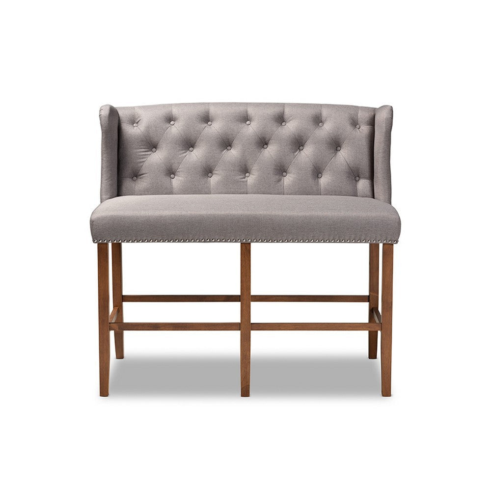 Baxton Studio Alira Modern and Contemporary Grey Fabric Upholstered Walnut Finished Wood Button Tufted Bar Stool Bench
