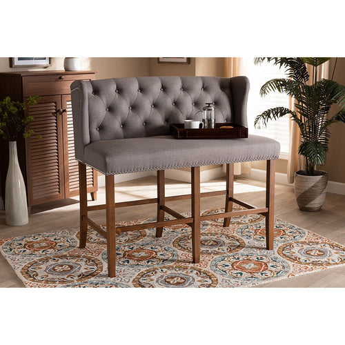 Baxton Studio Alira Modern and Contemporary Grey Fabric Upholstered Walnut Finished Wood Button Tufted Bar Stool Bench
