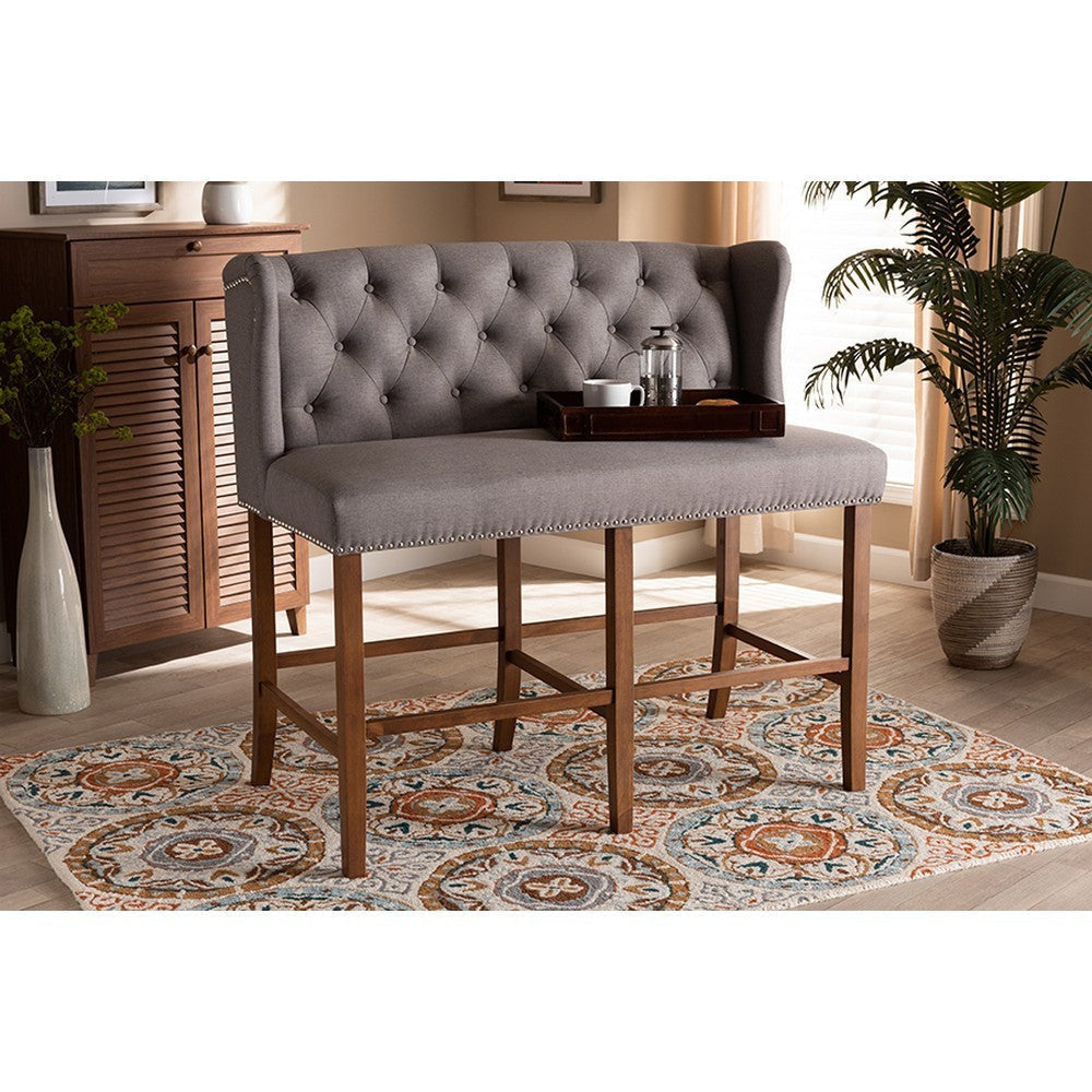 Baxton Studio Alira Modern and Contemporary Grey Fabric Upholstered Walnut Finished Wood Button Tufted Bar Stool Bench