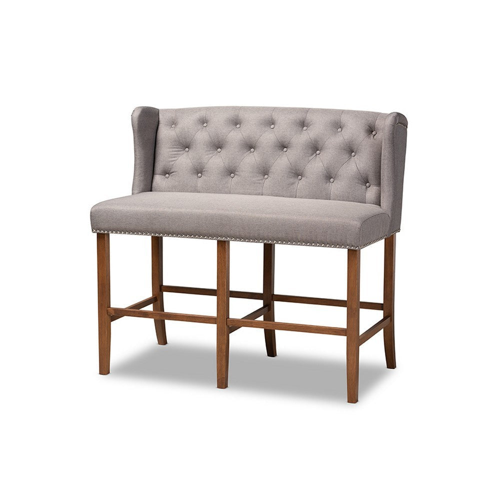 Baxton Studio Alira Modern and Contemporary Grey Fabric Upholstered Walnut Finished Wood Button Tufted Bar Stool Bench