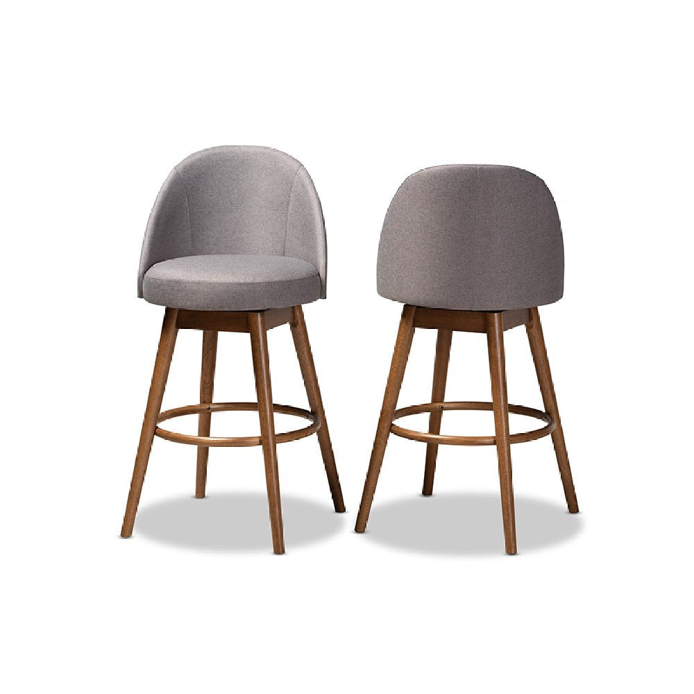 Baxton Studio Carra Mid-Century Modern Grey Fabric Upholstered Walnut-Finished Wood Swivel Bar Stool Set of 2