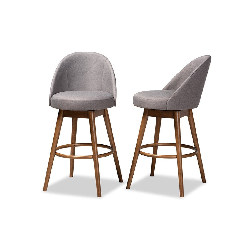 Baxton Studio Carra Mid-Century Modern Grey Fabric Upholstered Walnut-Finished Wood Swivel Bar Stool Set of 2