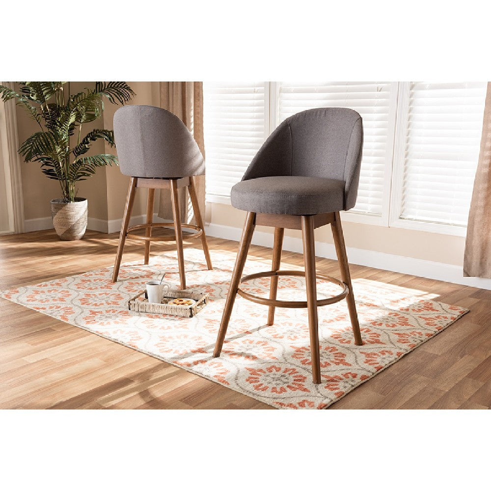 Baxton Studio Carra Mid-Century Modern Grey Fabric Upholstered Walnut-Finished Wood Swivel Bar Stool Set of 2