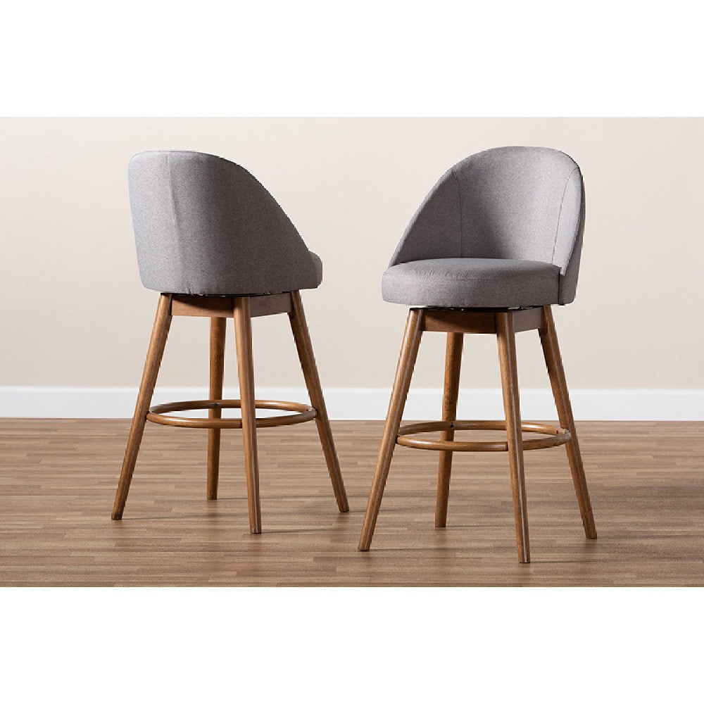 Baxton Studio Carra Mid-Century Modern Grey Fabric Upholstered Walnut-Finished Wood Swivel Bar Stool Set of 2