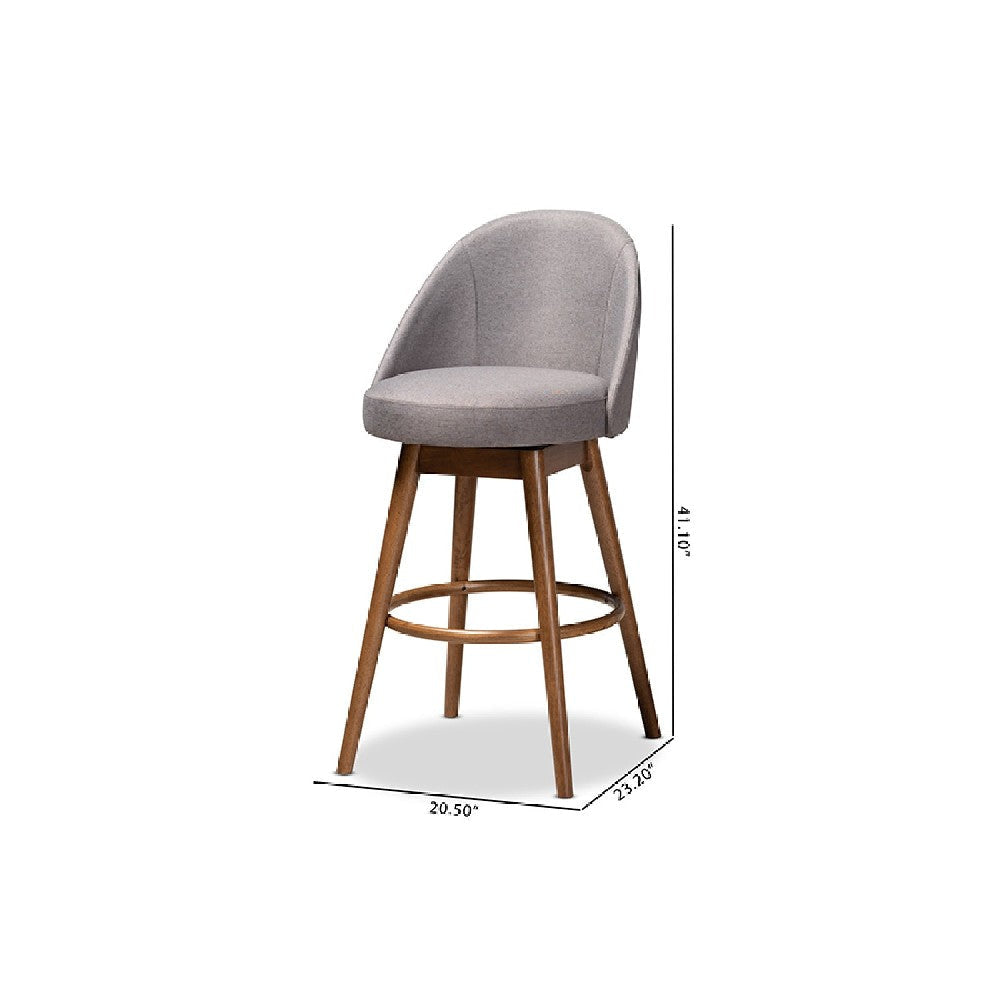 Baxton Studio Carra Mid-Century Modern Grey Fabric Upholstered Walnut-Finished Wood Swivel Bar Stool Set of 2
