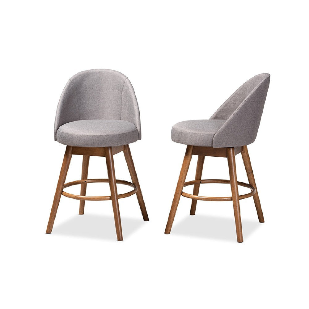 Baxton Studio Carra Mid-Century Modern Grey Fabric Upholstered Walnut-Finished Wood Swivel Counter Stool Set of 2