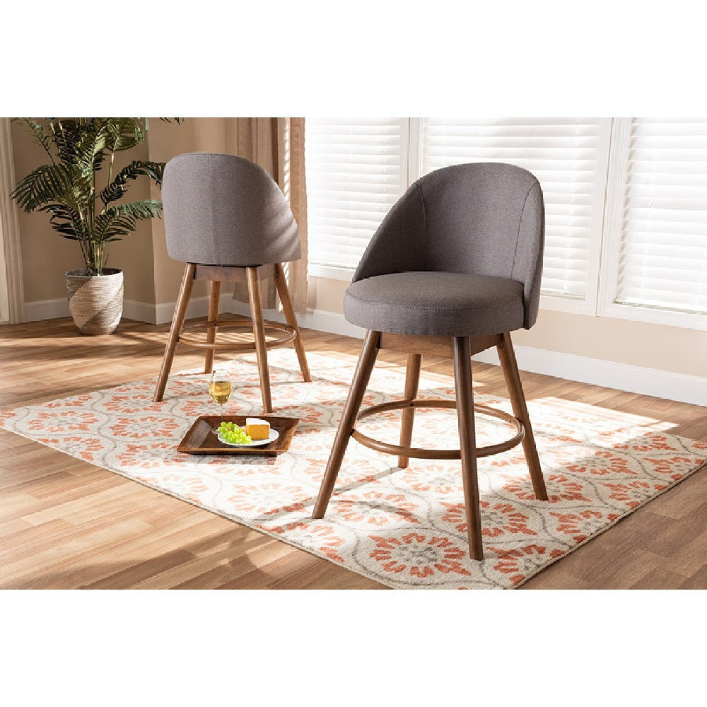 Baxton Studio Carra Mid-Century Modern Grey Fabric Upholstered Walnut-Finished Wood Swivel Counter Stool Set of 2