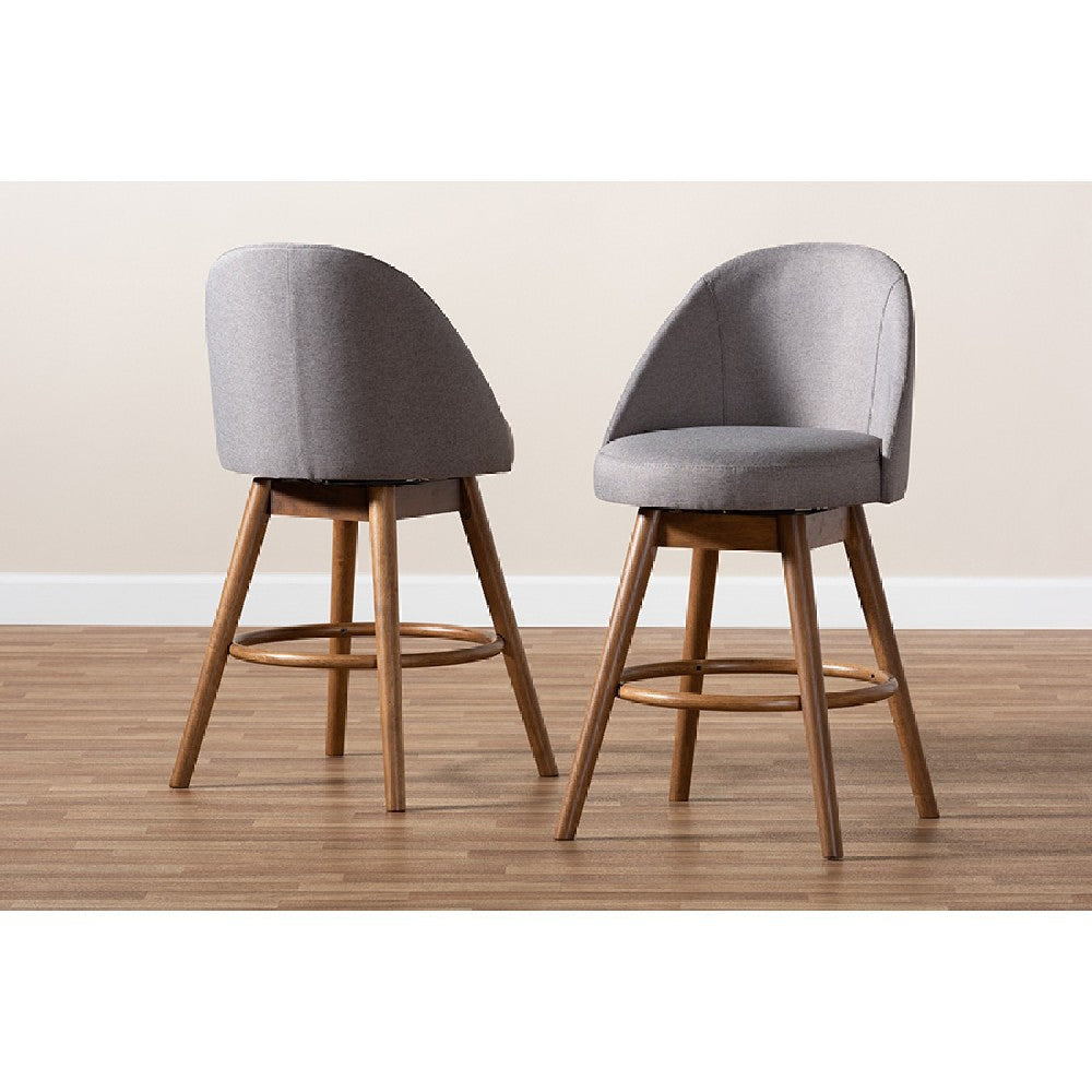 Baxton Studio Carra Mid-Century Modern Grey Fabric Upholstered Walnut-Finished Wood Swivel Counter Stool Set of 2