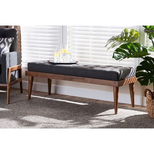 Baxton Studio Linus Mid-Century Modern Dark Grey Fabric Upholstered and Button Tufted Wood Bench