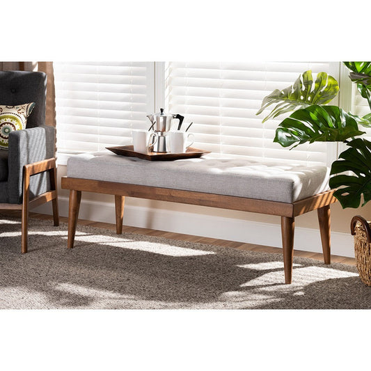 Baxton Studio Linus Mid-Century Modern Greyish Beige Fabric Upholstered and Button Tufted Wood Bench