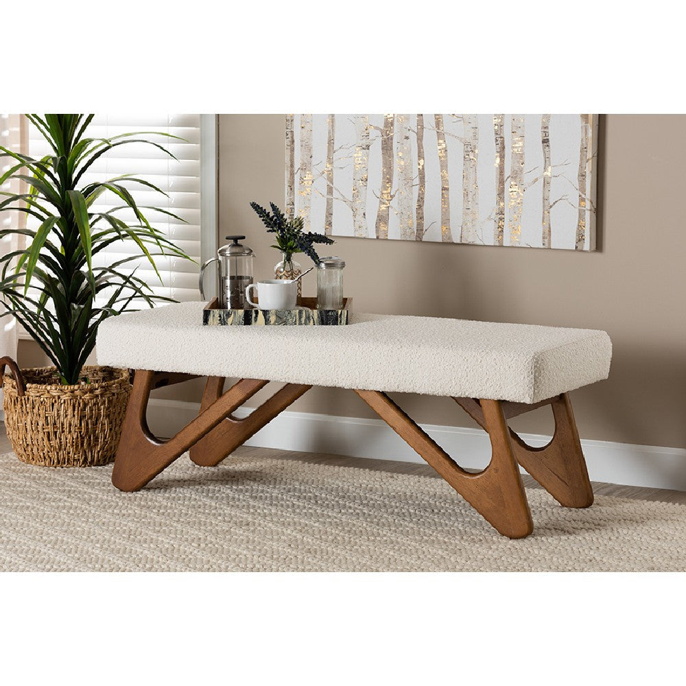 Baxton Studio Rika Japandi Cream Boucle Fabric and Walnut Brown Finished Wood Bench WHI-BBT5367-Cream-Walnut-Bench