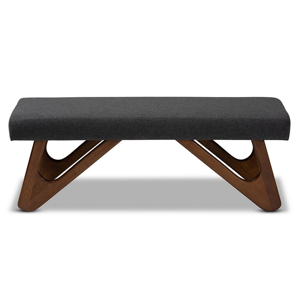 Baxton Studio Rika Mid-Century Modern Dark Grey Fabric Upholstered Walnut Brown Finished Boomerang Bench WHI-BBT5367-Dark-Grey-Walnut-Bench