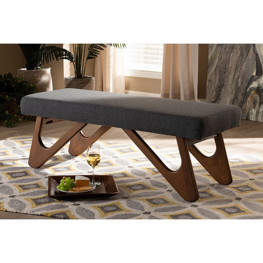 Baxton Studio Rika Mid-Century Modern Dark Grey Fabric Upholstered Walnut Brown Finished Boomerang Bench