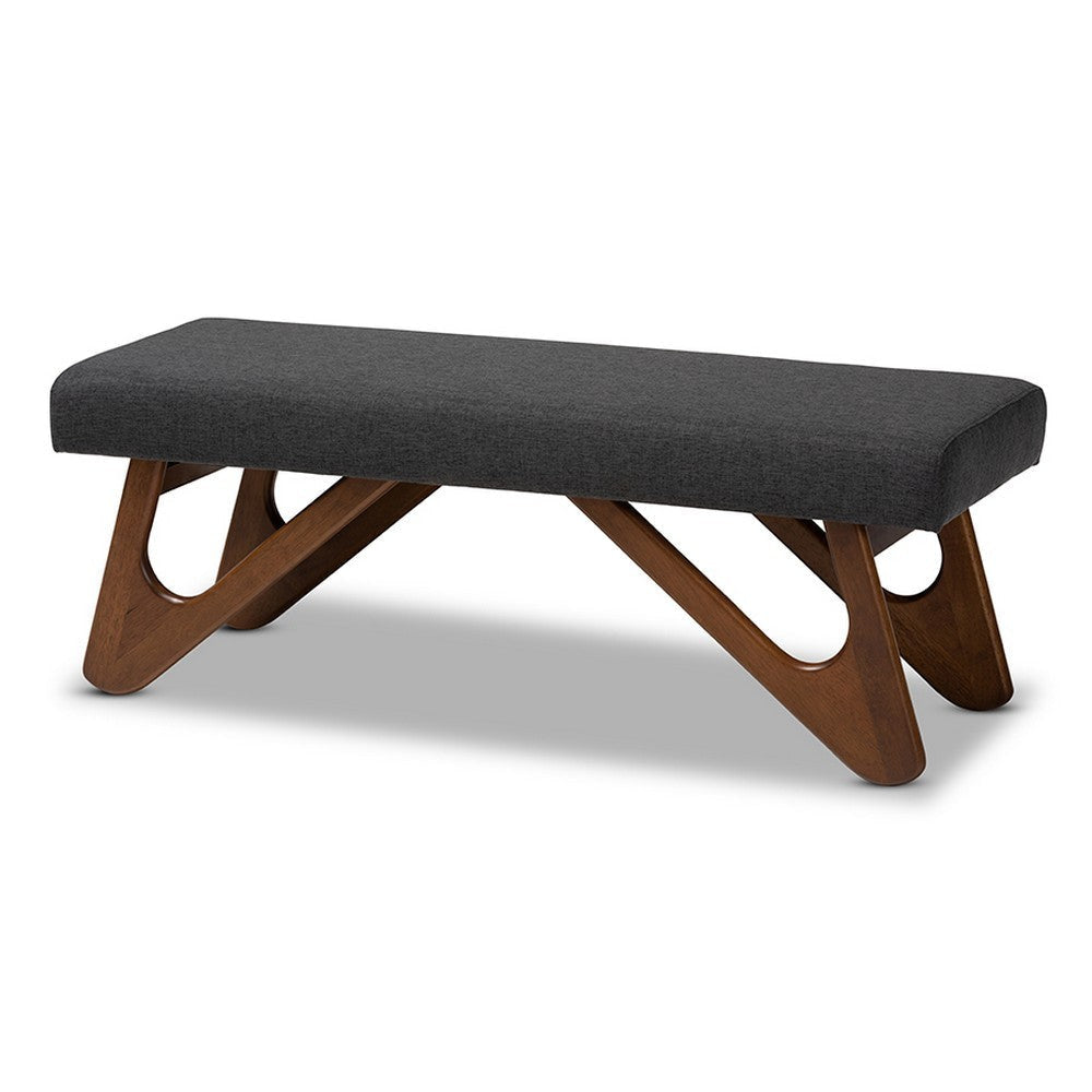 Baxton Studio Rika Mid-Century Modern Dark Grey Fabric Upholstered Walnut Brown Finished Boomerang Bench WHI-BBT5367-Dark-Grey-Walnut-Bench