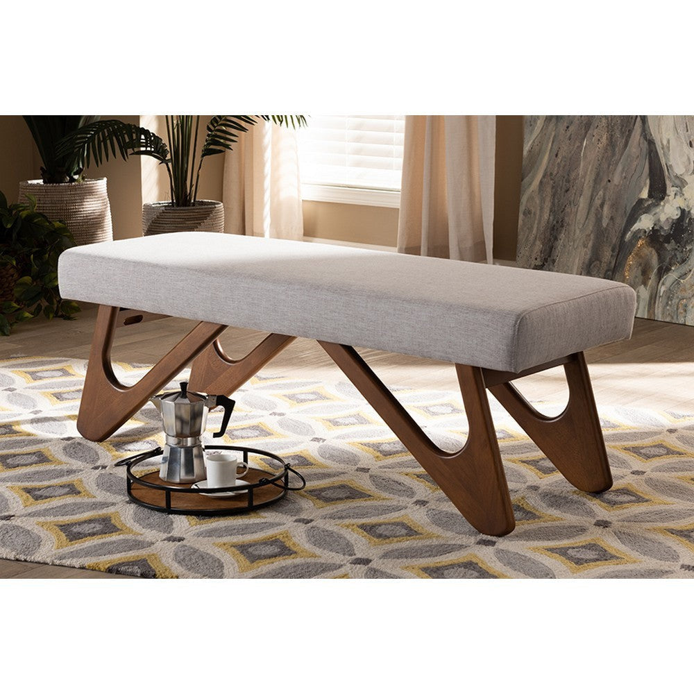 Baxton Studio Rika Mid-Century Modern Greyish Beige Fabric Upholstered Walnut Brown Finished Boomerang Bench