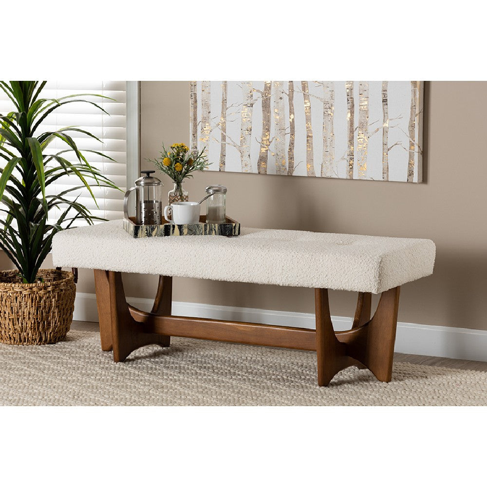 Baxton Studio Theo Japandi Cream Boucle Fabric and Walnut Brown Finished Wood Bench WHI-BBT5368-Cream-Walnut-Bench
