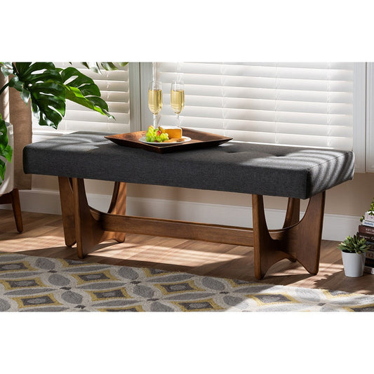 Baxton Studio Theo Mid-Century Modern Dark Grey Fabric Upholstered Walnut Finished Bench