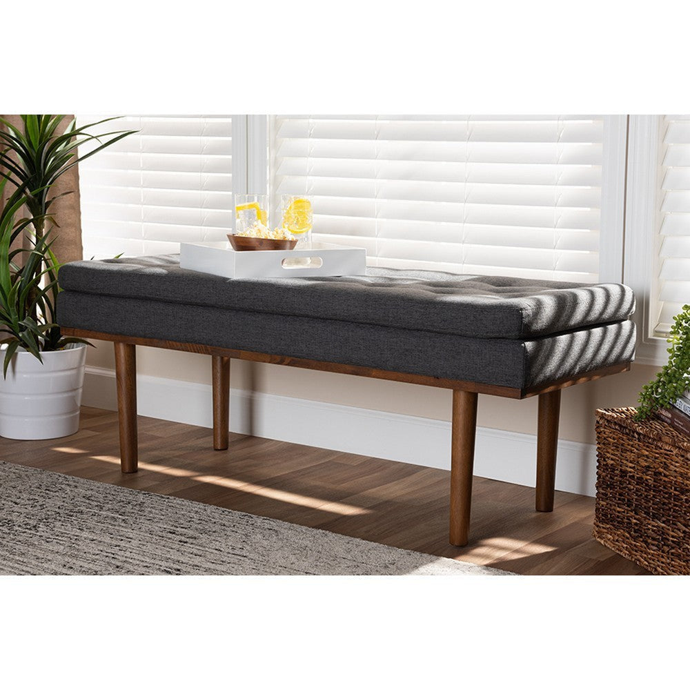 Baxton Studio Arne Mid-Century Modern Dark Grey Fabric Upholstered Walnut Finished Bench