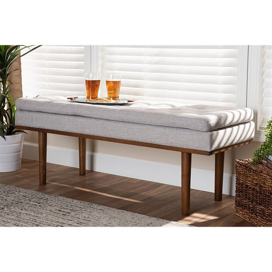 Baxton Studio Arne Mid-Century Modern Greyish Beige Fabric Upholstered Walnut Finished Bench