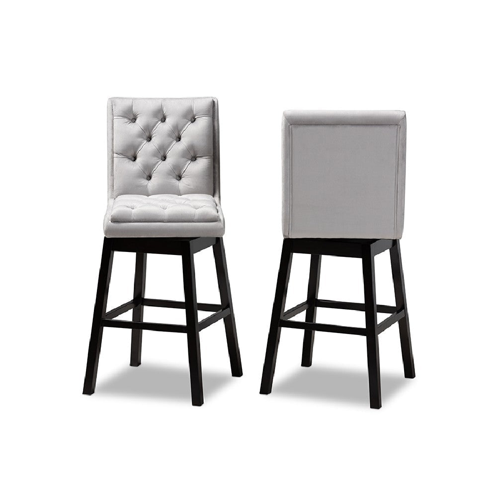 Baxton Studio Gregory Modern Transitional Light Grey Velvet Fabric Upholstered and Dark Brown Finished Wood 2-Piece Swivel Bar Stool Set