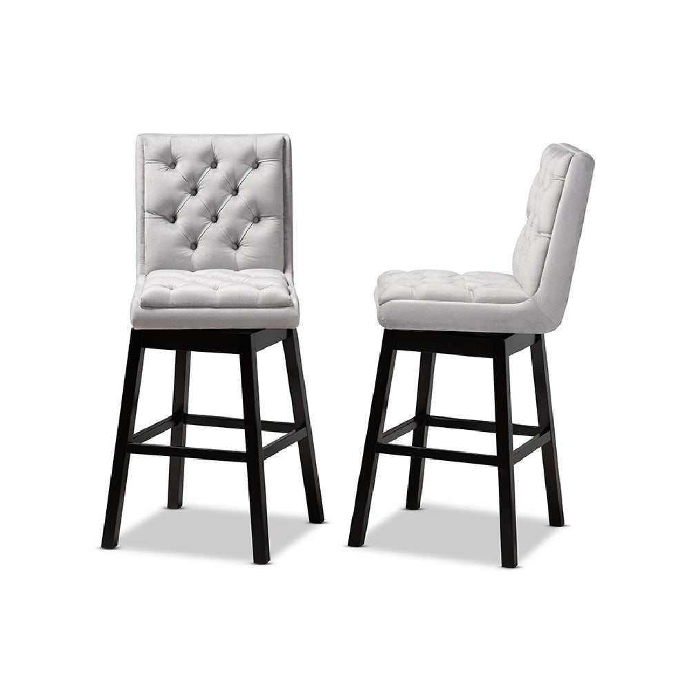 Baxton Studio Gregory Modern Transitional Light Grey Velvet Fabric Upholstered and Dark Brown Finished Wood 2-Piece Swivel Bar Stool Set