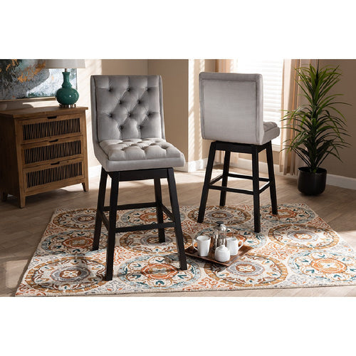 Baxton Studio Gregory Modern Transitional Light Grey Velvet Fabric Upholstered and Dark Brown Finished Wood 2-Piece Swivel Bar Stool Set Set
