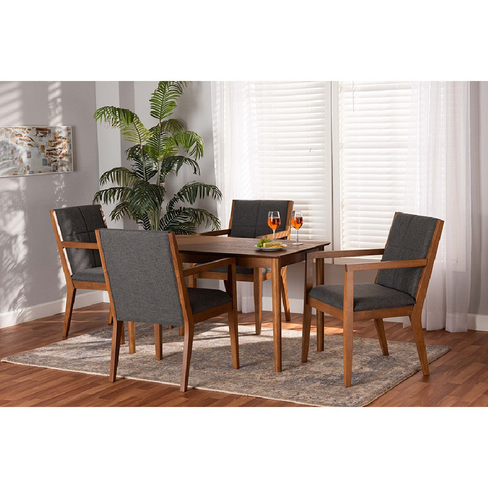 Baxton Studio Theresa Mid-Century Modern Dark Grey Fabric Upholstered and Walnut Brown Finished Wood 5-Piece Dining Set